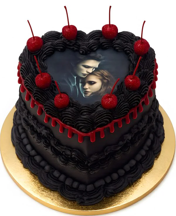 Черный торт с вишенками и главными героями из фильма Сумерки Фото