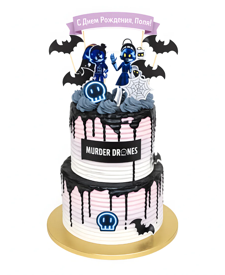 Большой черно-белый торт Murder Drones Фото