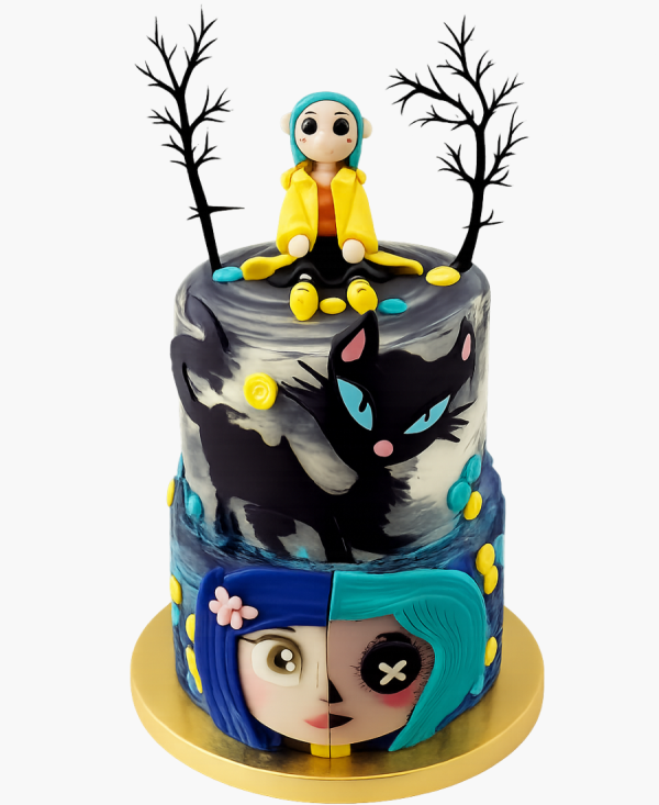 Двухъярусный торт по мультфильму Коралина в Стране Кошмаров с котом Фото