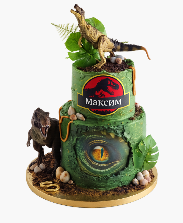 Двухъярусный торт с фигурками динозавров Фото
