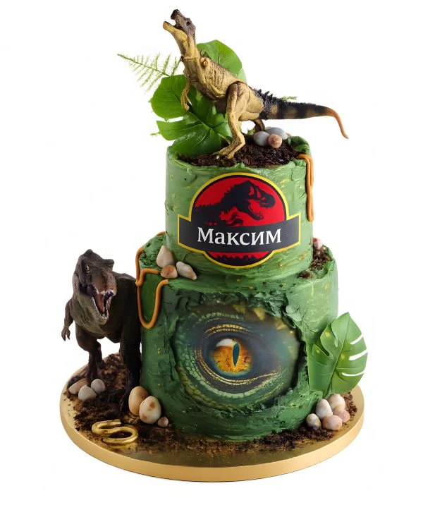 Двухъярусный торт с фигурками динозавров Фото
