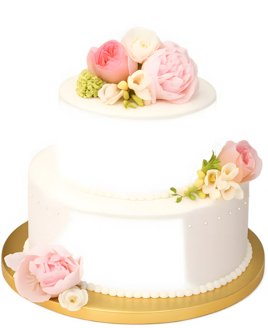 Двухъярусный белый свадебный торт, украшенный живыми пионами Фото