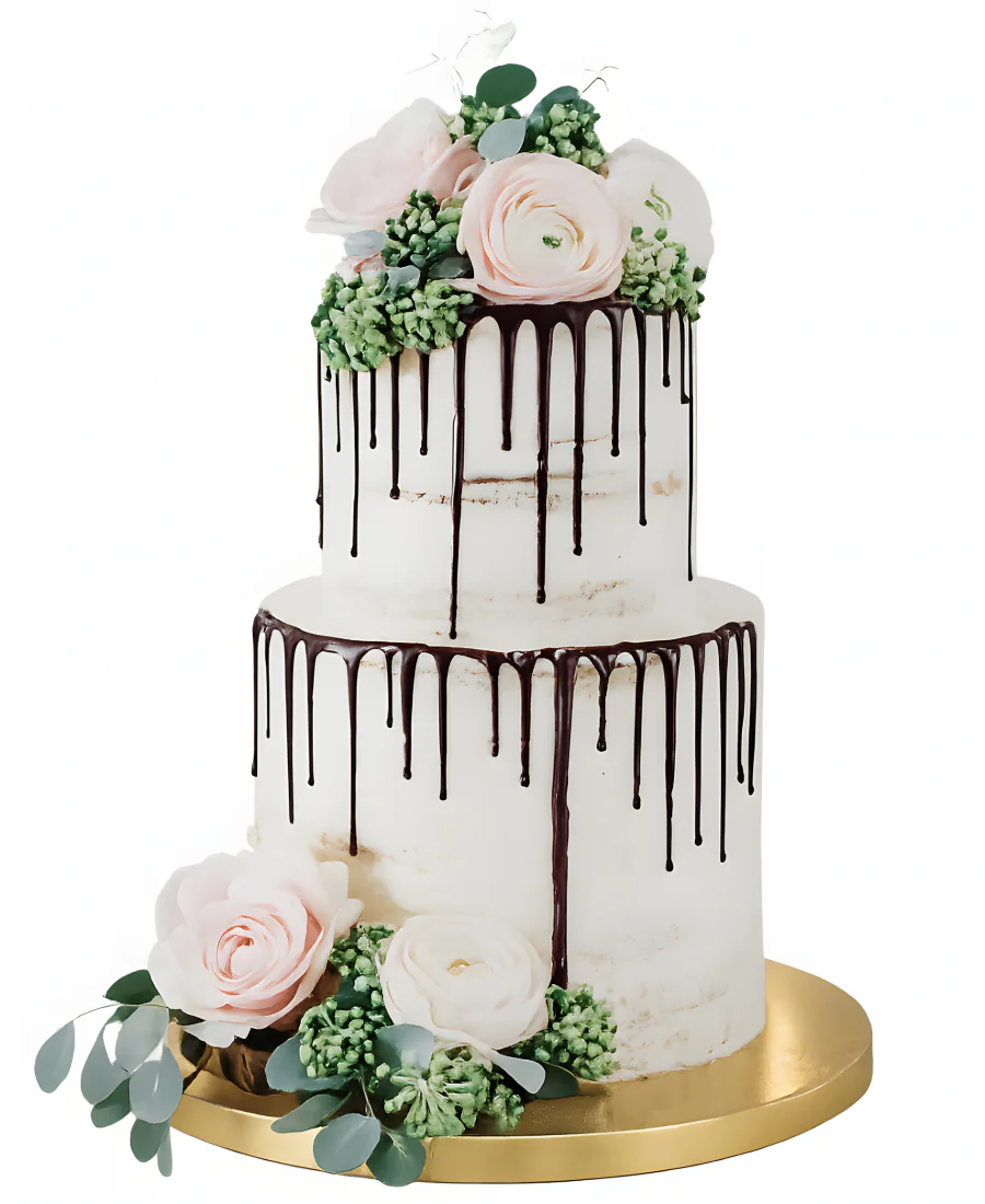 Торт свадебный двухъярусный без мастики с розами и шоколадом Фото