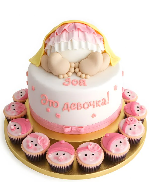 Эффектный торт с капкейками на рождение девочки Фото