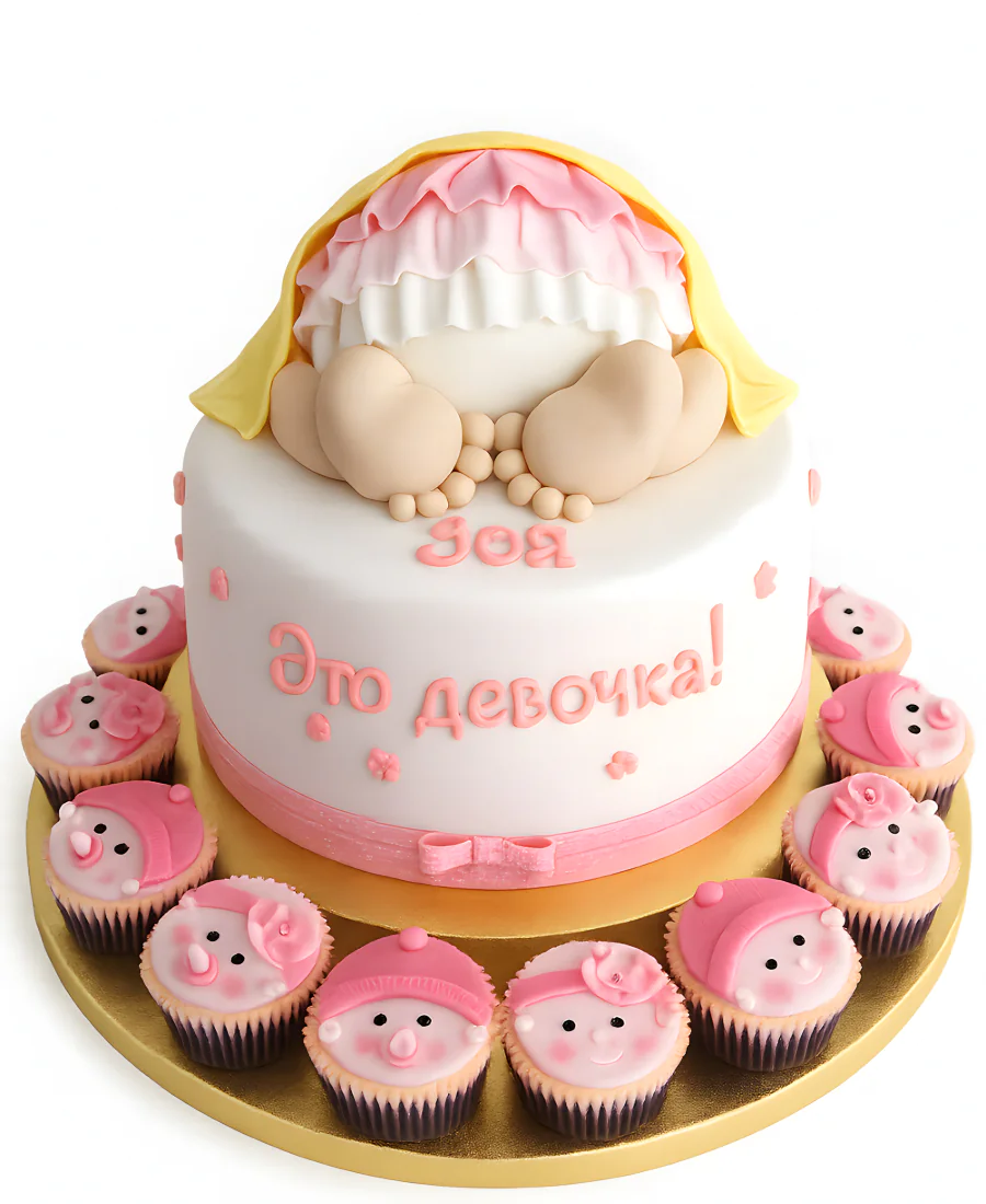 Эффектный торт с капкейками на рождение девочки Фото