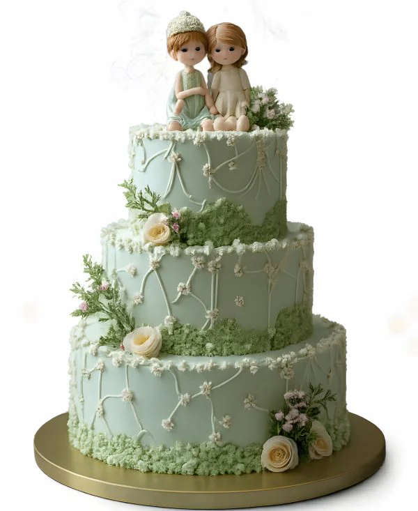 Изящный торт в стиле лесной идиллии с фигурками человечков Фото
