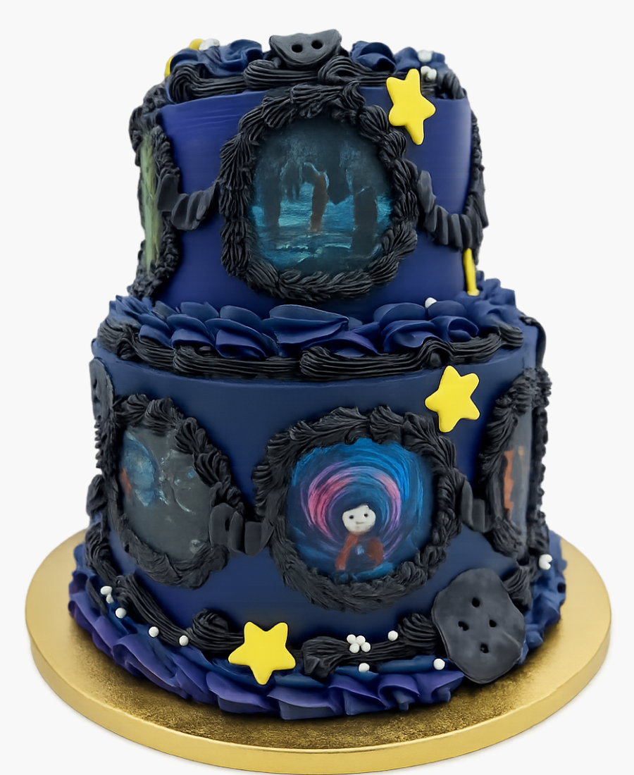 Изысканный двухъярусный торт с картинками из мультфильма Коралина Фото