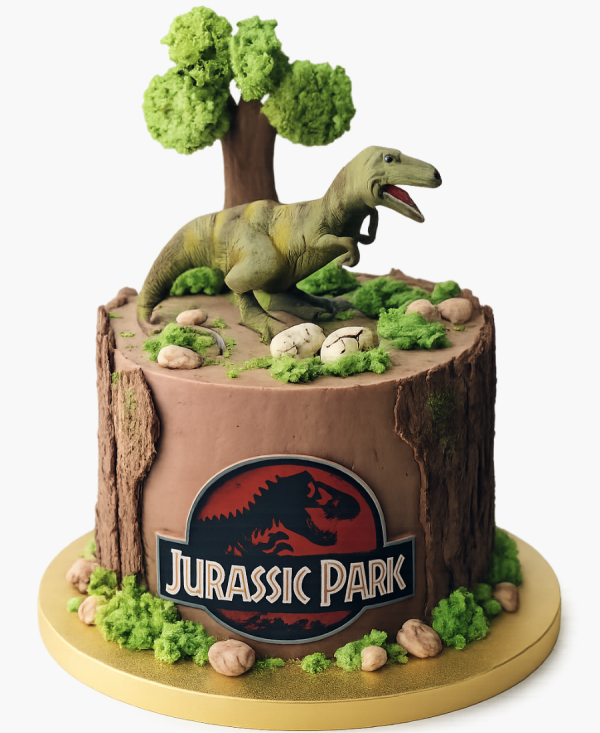 Классический торт по тематике фильма «Юрский период» с тираннозавром Фото