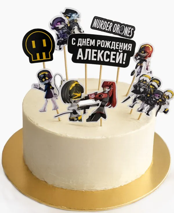Классический торт с персонажами сериала Murder Drones Фото
