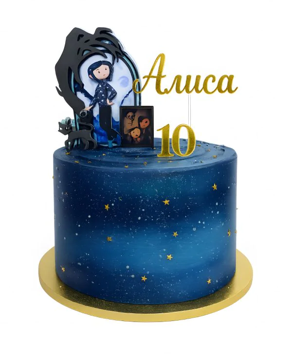 Креативный торт с Коралиной и котом Фото