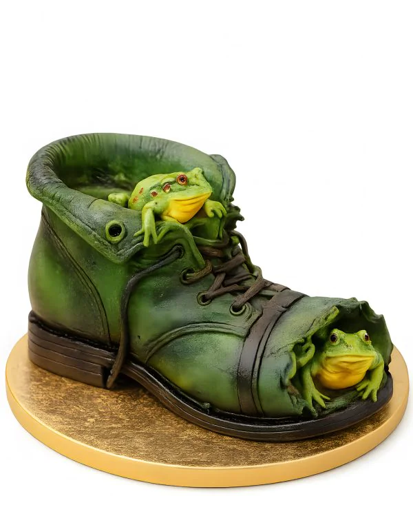 Креативный торт в виде ботинка с лягушатами Фото