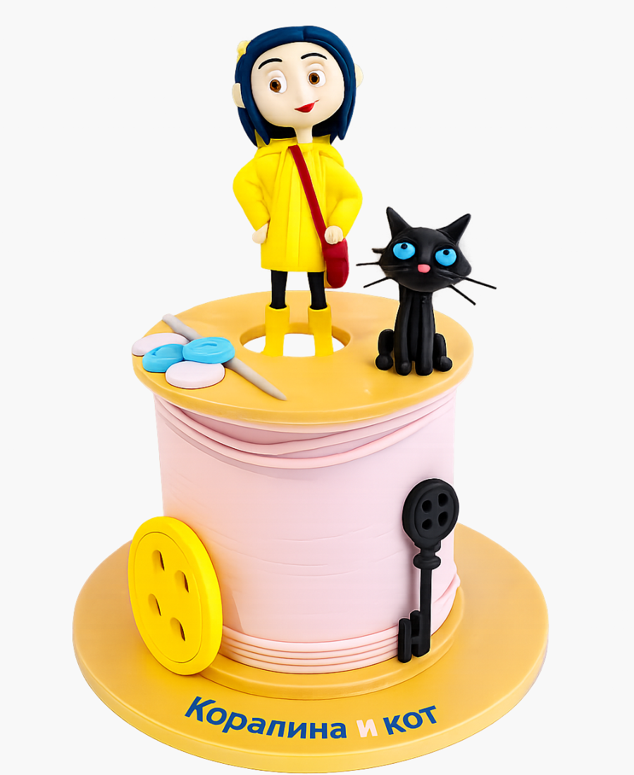 Креативный торт в виде мотка ниток с пуговицами и Коралиной Фото