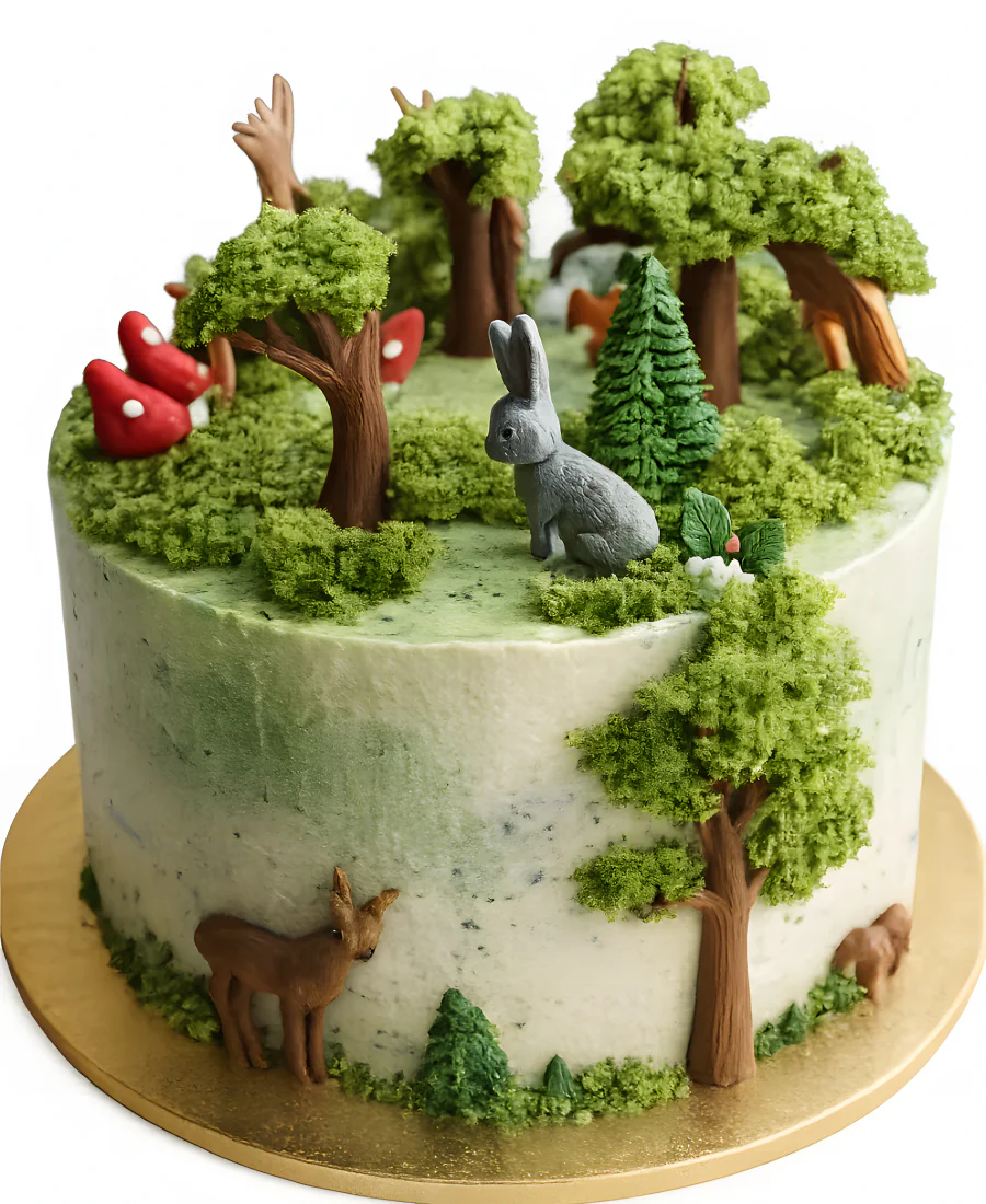 Лесной торт с фигурками зайки и олененка Фото