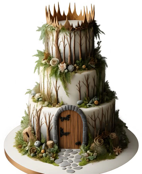 Лесной торт-замок с короной из деревьев Фото