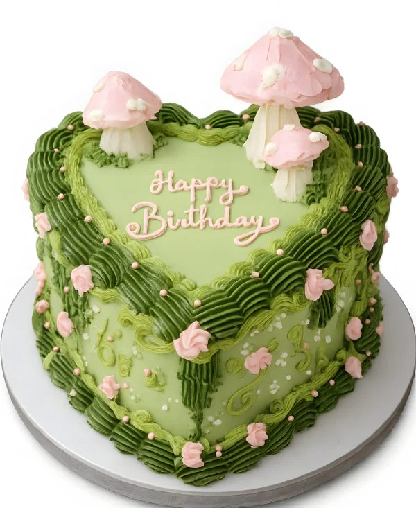 Минималистичный торт с розовыми грибочками Фото