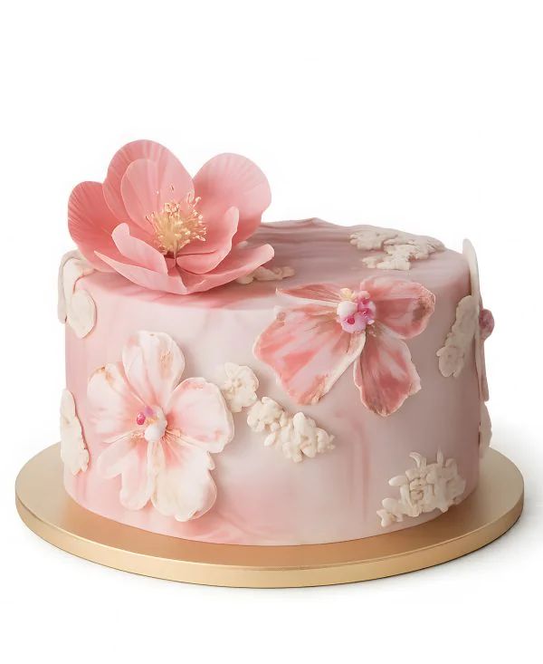 Мраморный торт на 8 марта с цветами из мастики Фото