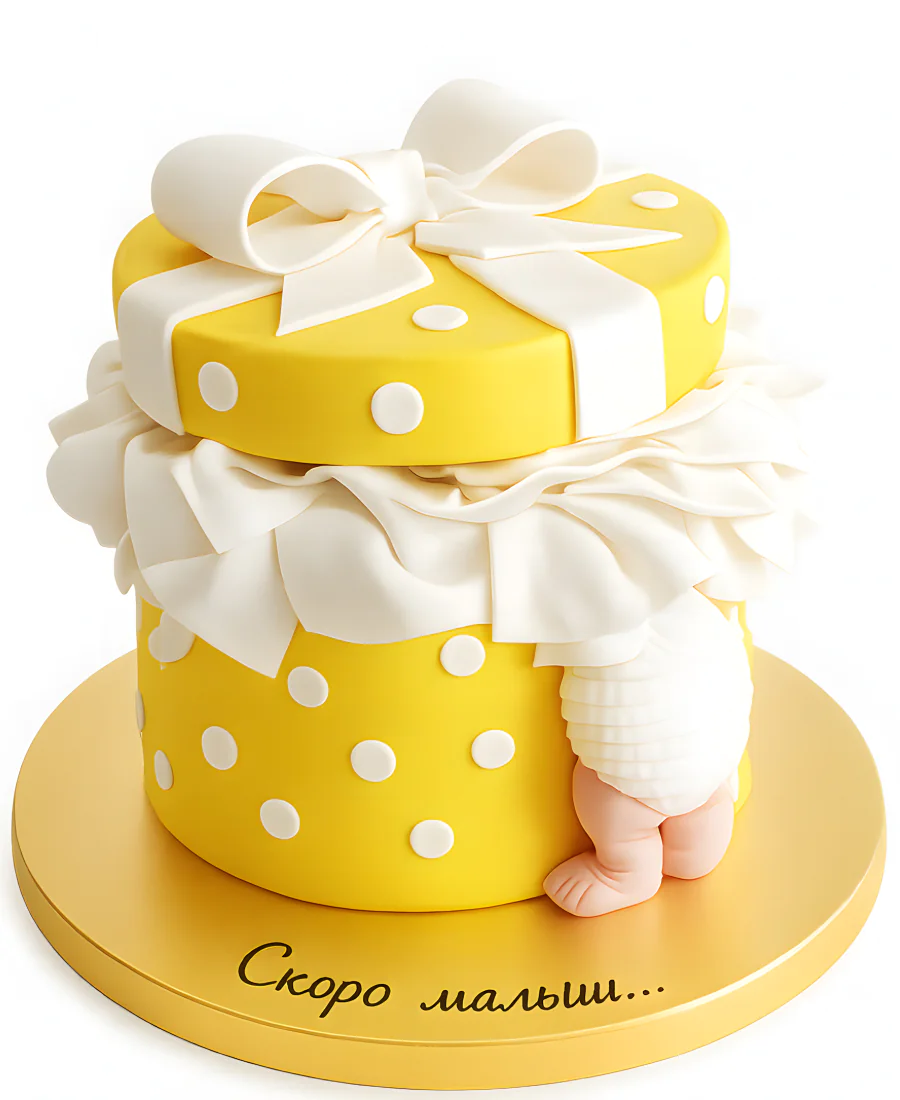 Необычный подарочный торт в форме коробки с ребенком в памперсе Фото