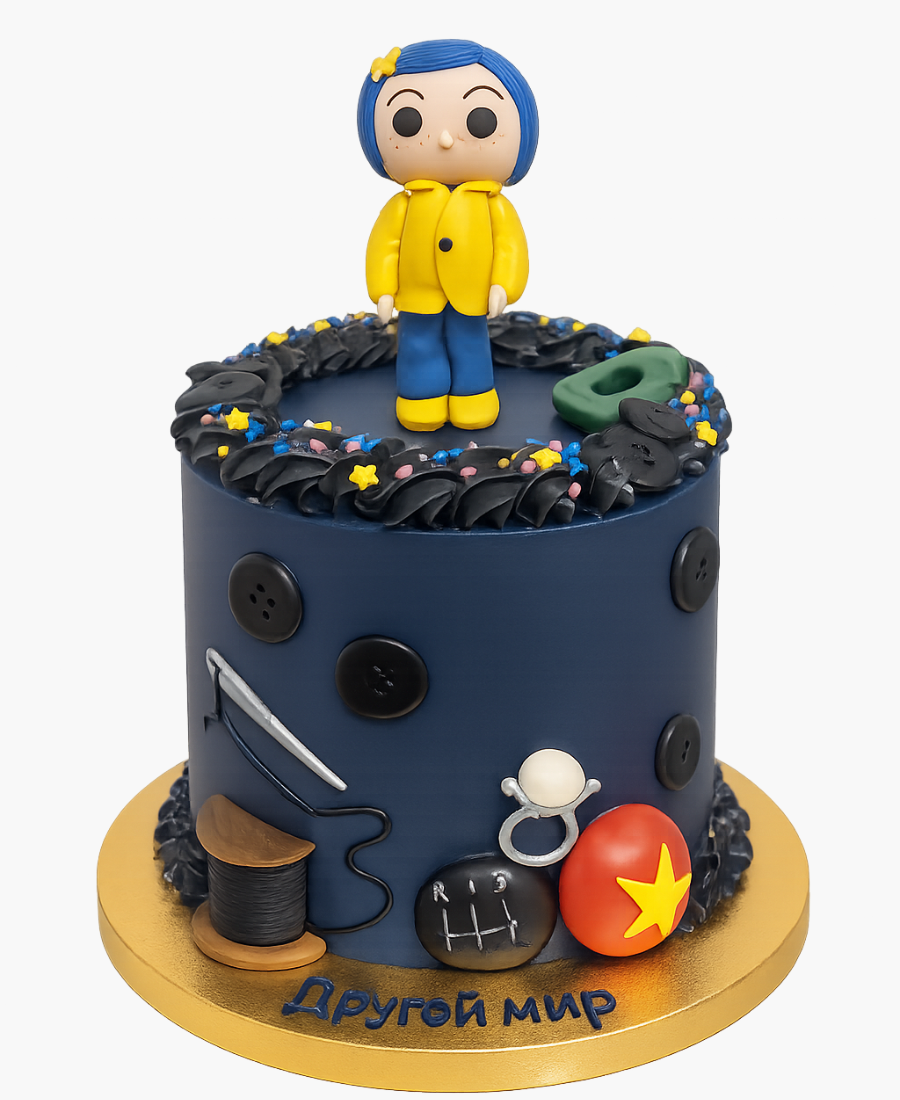 Необычный торт в стиле мультфильма Коралина с фигуркой Фото