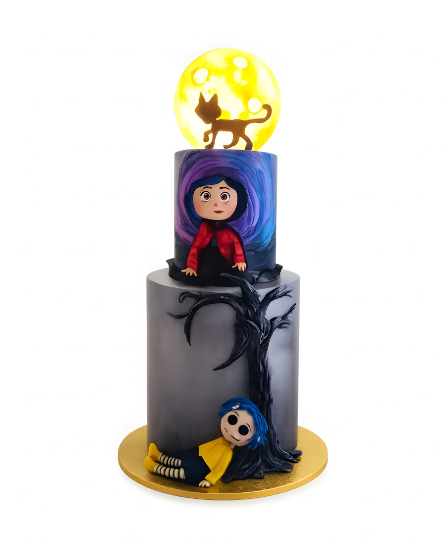 Необыкновенный торт в два яруса с котом и луной Фото