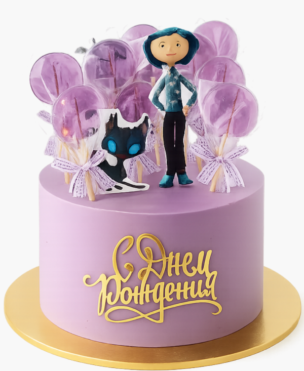 Нежно-розовый торт с леденцами и Коралиной Фото