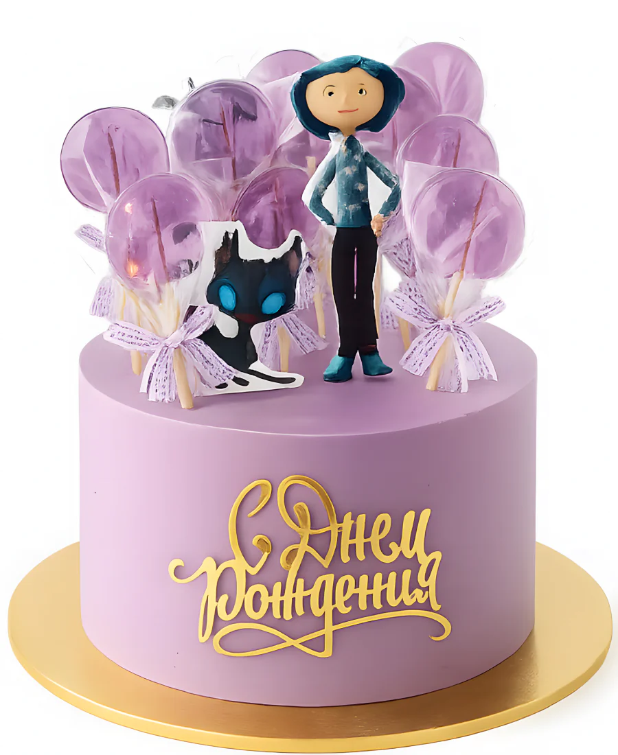 Нежно-розовый торт с леденцами и Коралиной Фото