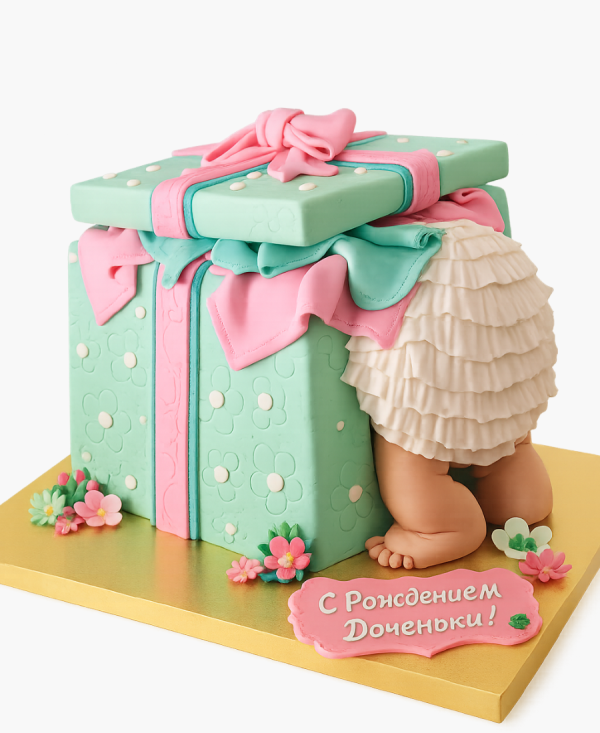 Праздничный яркий торт-коробка с младенцем Фото