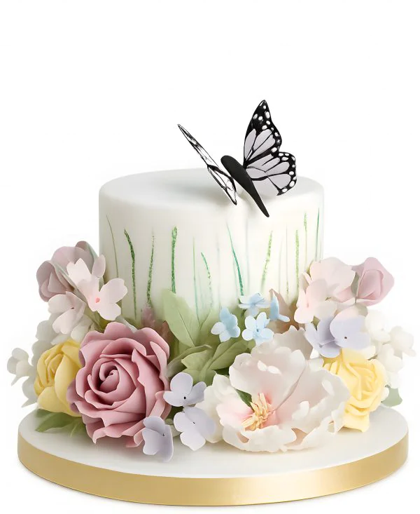Пышный торт на 8 марта с бабочками и цветами Фото