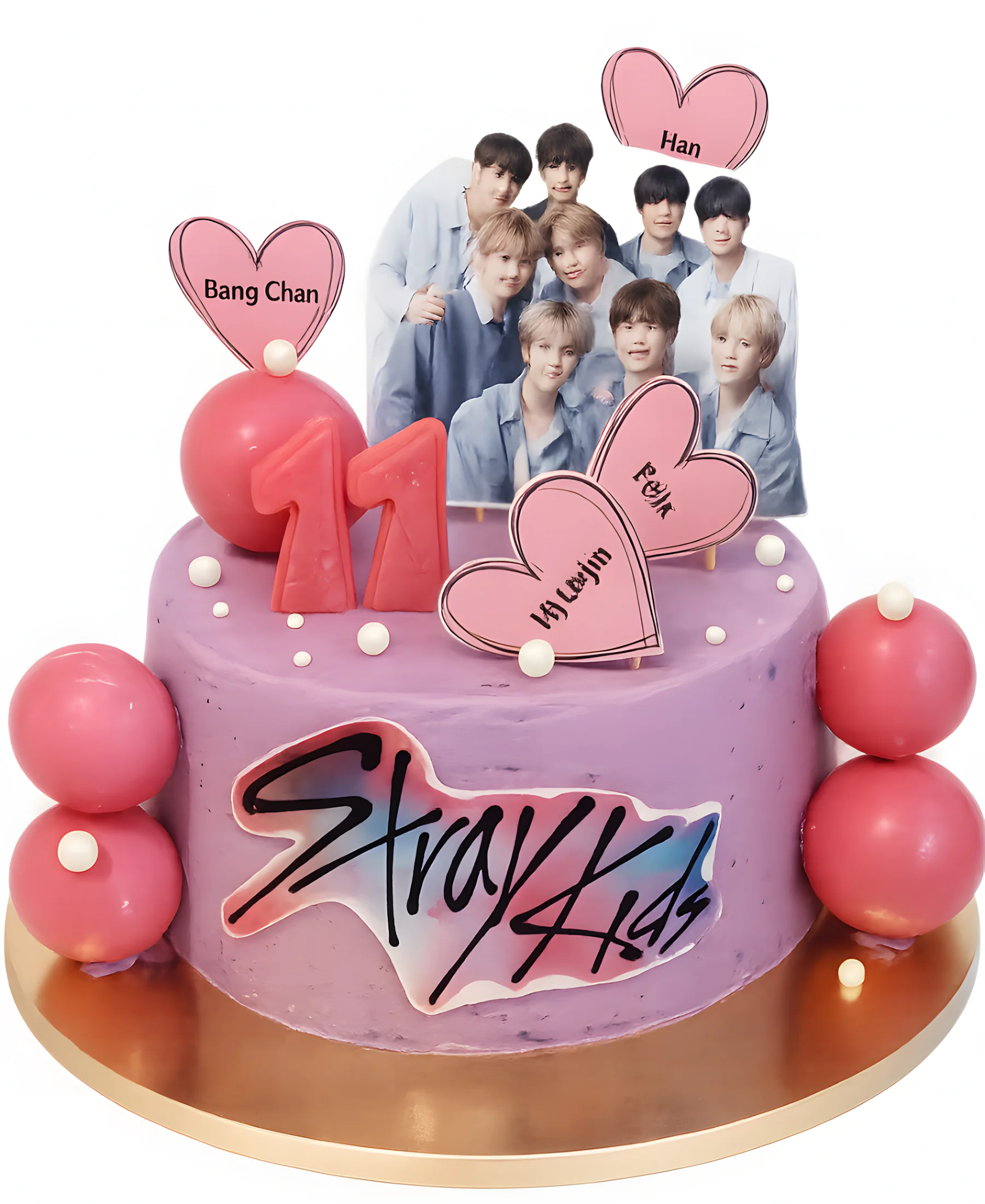 Розовый торт с топперами персонажей Stray Kids Фото