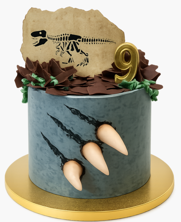 Синий торт с когтями и наскальным рисунком динозавра из Юрского периода Фото