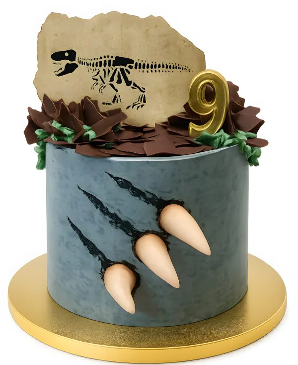 Синий торт с когтями и наскальным рисунком динозавра из Юрского периода Фото