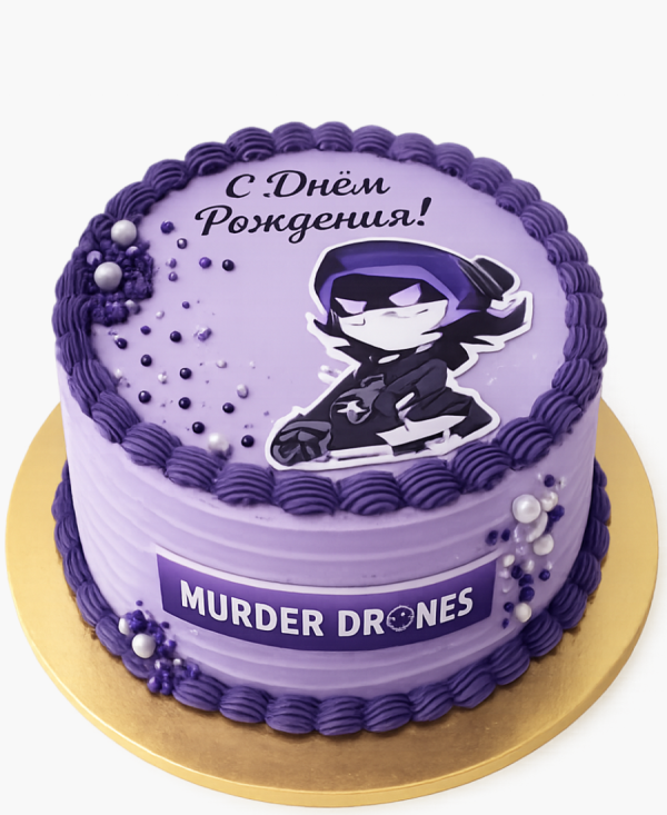 Сиреневый торт с персонажем Узи из Murder Drones Фото
