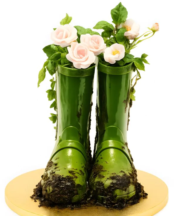 Стильный 3D торт в виде резиновых сапог с цветами Фото