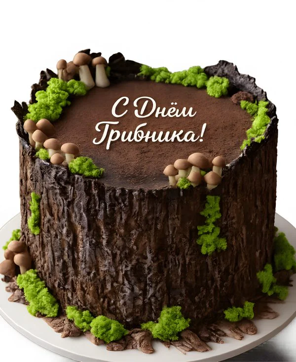 Стильный торт в стиле пня с вешенками Фото