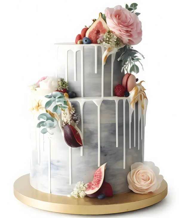 Двухъярусный свадебный торт с цветами, инжиром и макаруни Фото