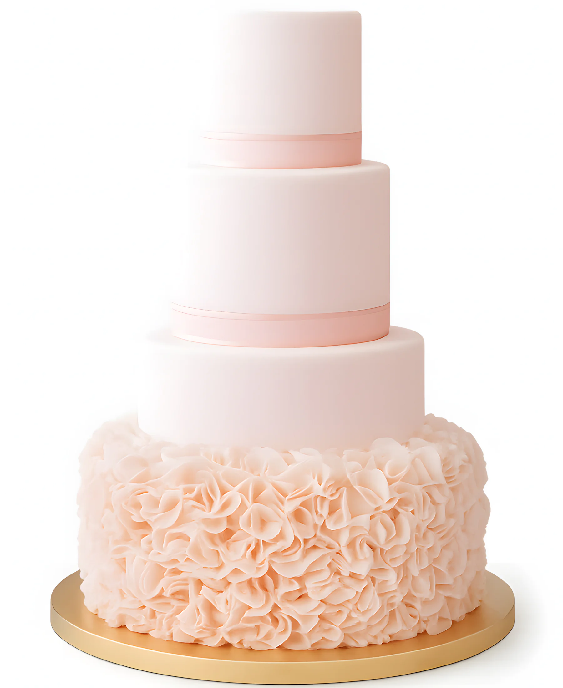Красивый свадебный торт розового цвета с рюшами на нижнем ярусе Фото