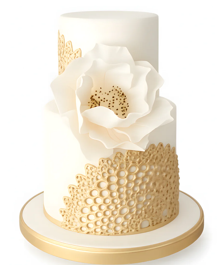 Бело-золотой свадебный торт с кружевами и большим цветком Фото