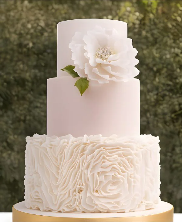 Свадебный торт в розовых тонах с цветком и кружевом Фото