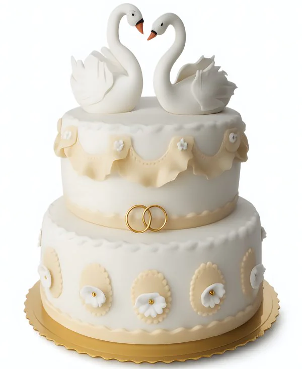Белый свадебный торт с лебедями и золотыми узорами Фото