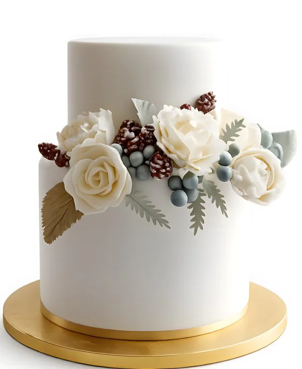 Белый двухъярусный свадебный торт с розами Фото