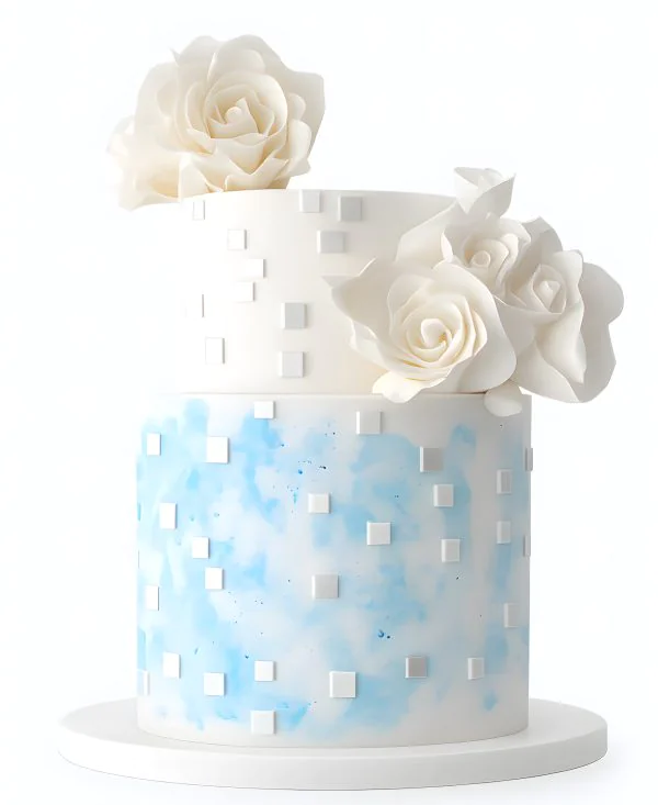 Бело-голубой торт букет с белыми цветами Фото