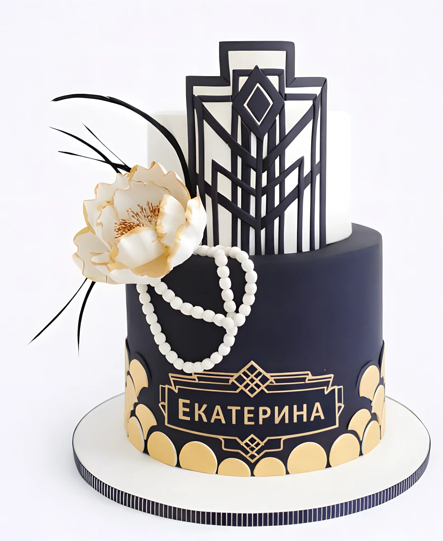 Темно-синий двухъярусный торт в стиле 20-х годов для Екатерины Фото