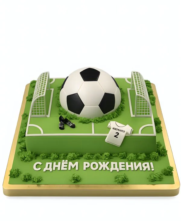 Торт в виде футбольного поля с мячом и бутсами Фото