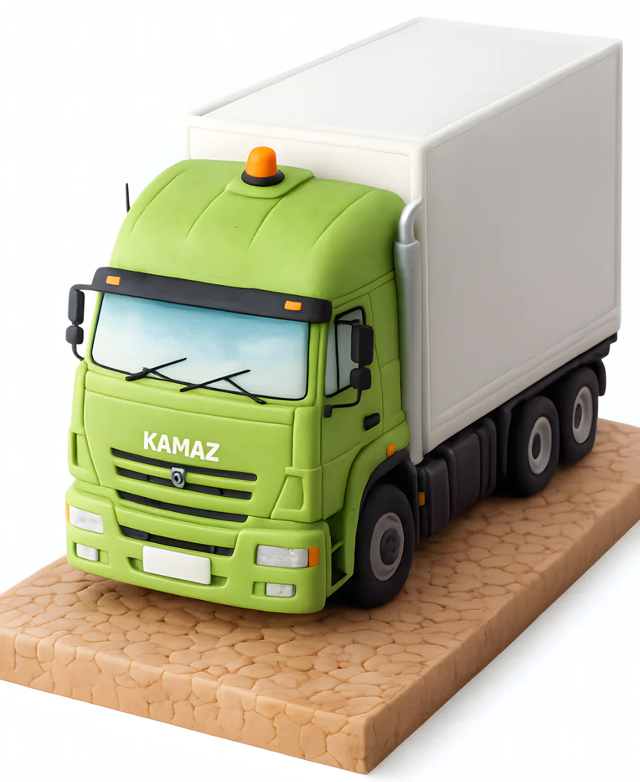 Торт в виде грузовой машины с зеленой кабиной Фото