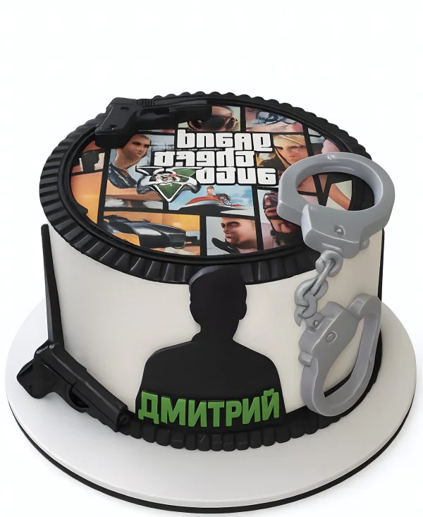 Торт GTA с фотопечатью и наручниками Фото
