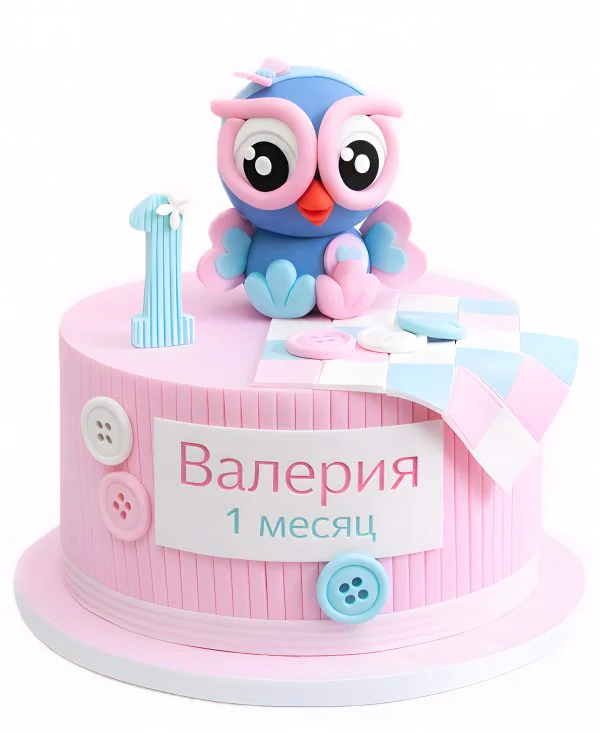 Розовый торт с совенком и пуговичками Фото