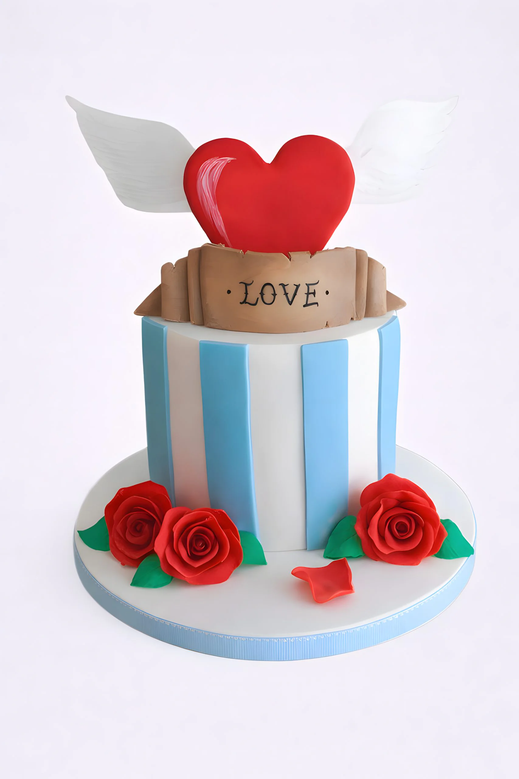 Бело-голубой полосатый торт с красным цветами Фото