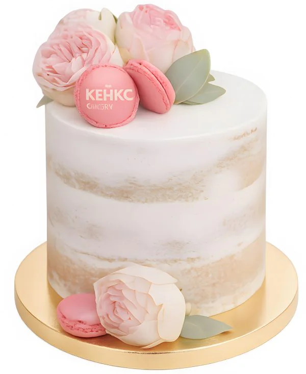 Торт на 8 марта без крема с цветами и макарунс Фото