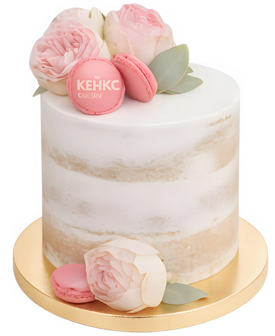 Торт на 8 марта без крема с цветами и макарунс Фото