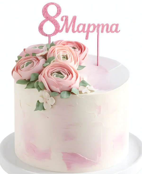 Торт на 8 марта пастельный из крема с цветами Фото