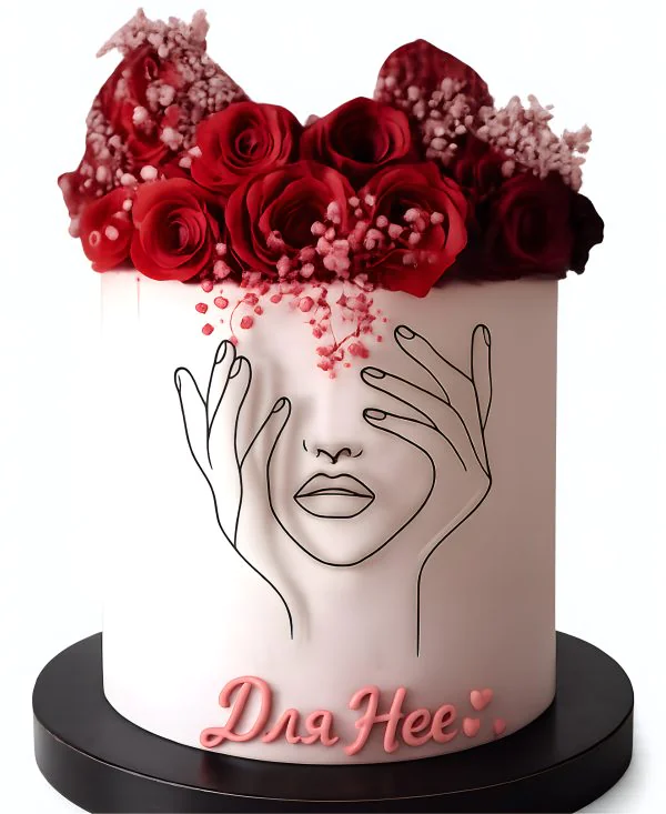 Торт на 8 марта с красными розами и рисунком Фото